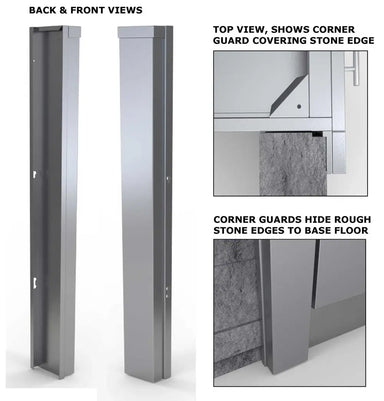 Front and back product views of the Sunstone SCC3ENDSPR corner guard with technical diagrams showing the top and bottom views of the panel covering rough stone edges.