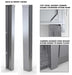Front and back product views of the Sunstone SCC3ENDSPR corner guard with technical diagrams showing the top and bottom views of the panel covering rough stone edges.