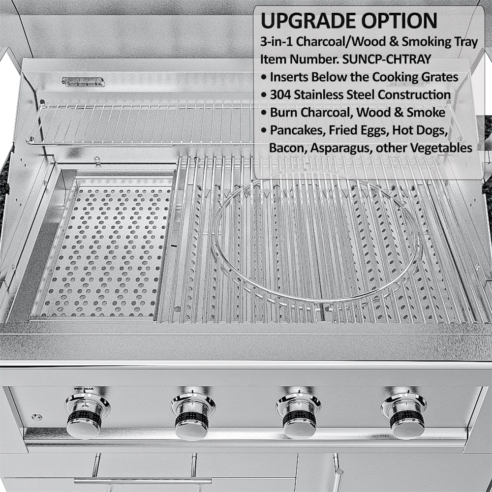 Close-up of the 3-in-1 smoking tray insert positioned below the cooking grates of the Ruby 5-burner gas grill.