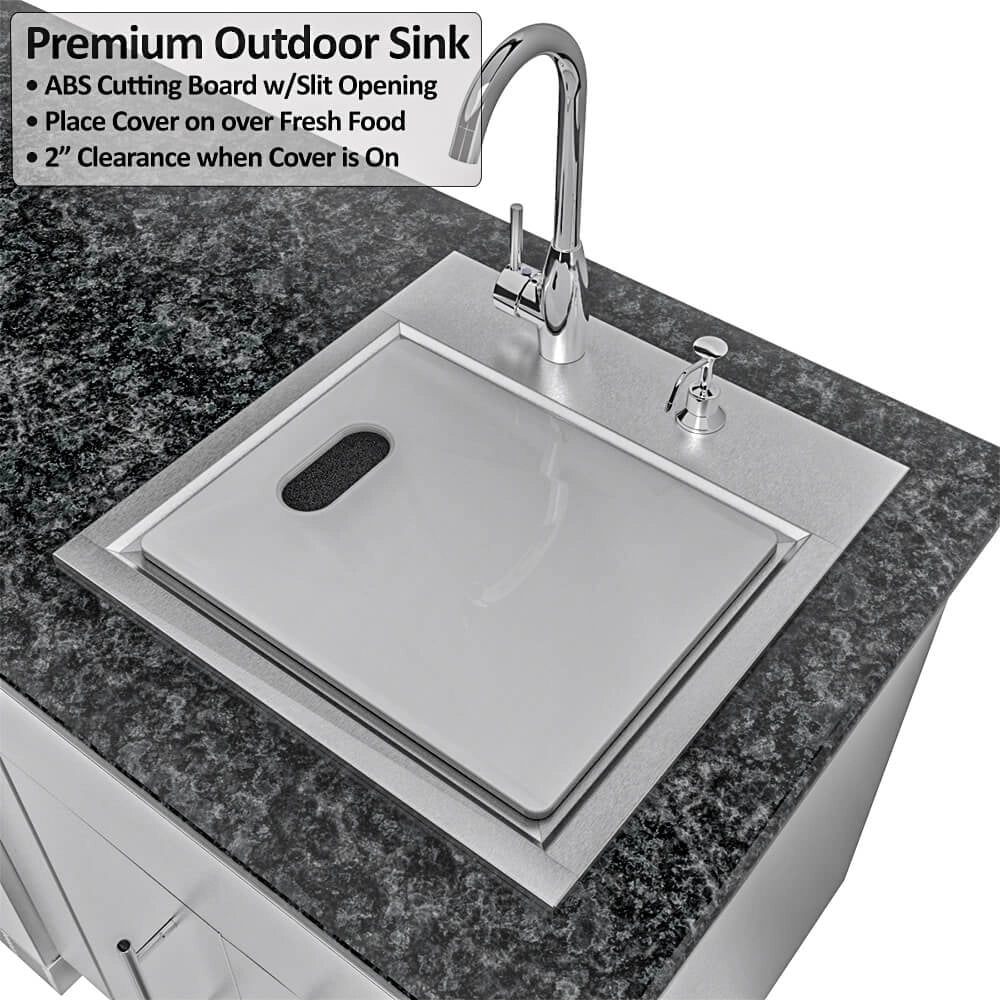 Close-up of Sunstone outdoor sink with a white ABS cutting board installed, showing the slit opening and 2-inch clearance for food protection.
