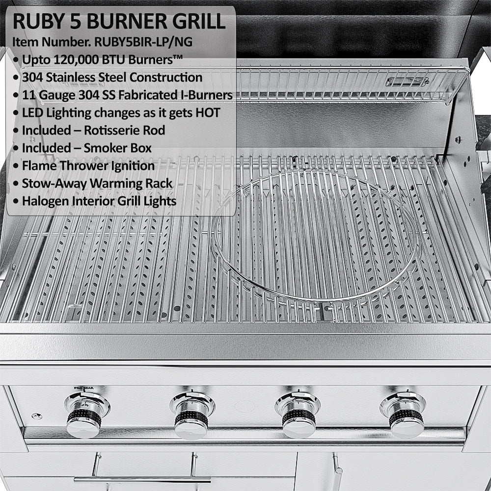 Ruby 5-Burner Grill (RUBY5BIR) showing 304 stainless steel construction, interior halogen lights, and the stow-away warming rack.