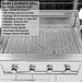 Ruby 5-Burner Grill (RUBY5BIR) showing 304 stainless steel construction, interior halogen lights, and the stow-away warming rack.
