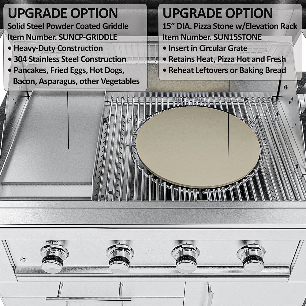 Dual upgrade options for the Ruby grill featuring a solid steel powder-coated griddle and a 15-inch pizza stone with an elevation rack.