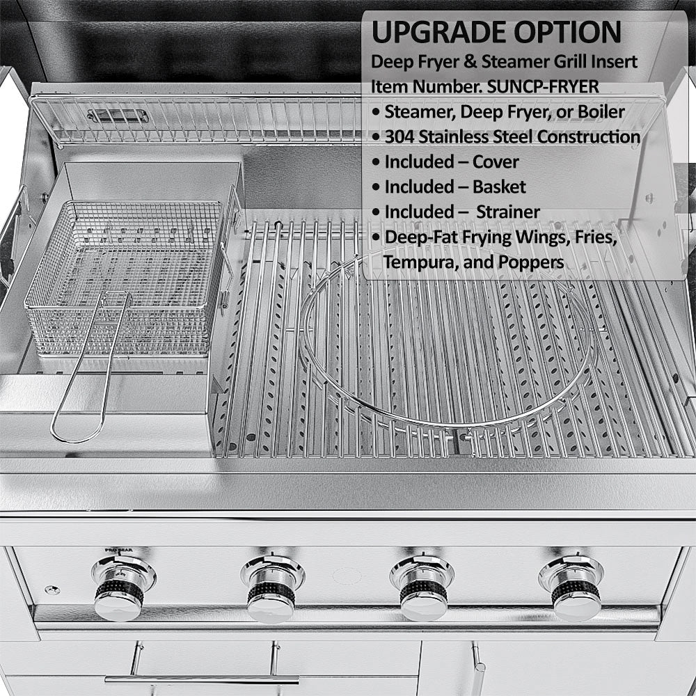 Deep fryer and steamer grill insert (SUNCP-FRYER) upgrade for the Houston outdoor kitchen island featuring a stainless steel basket and cover.
