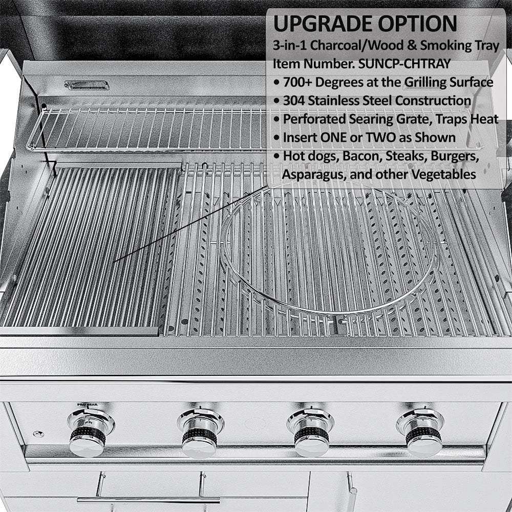 3-in-1 Charcoal, Wood, and Smoking Tray (SUNCP-CHTRAY) upgrade shown with a perforated searing grate for high-heat grilling.