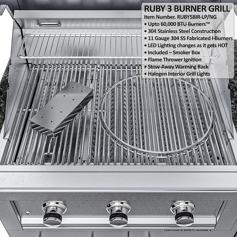 Sunstone Ruby 3-Burner Built-in Gas Grill with 60,000 BTU I-burners, 304 stainless steel construction, and included smoker box for ADA outdoor kitchen.