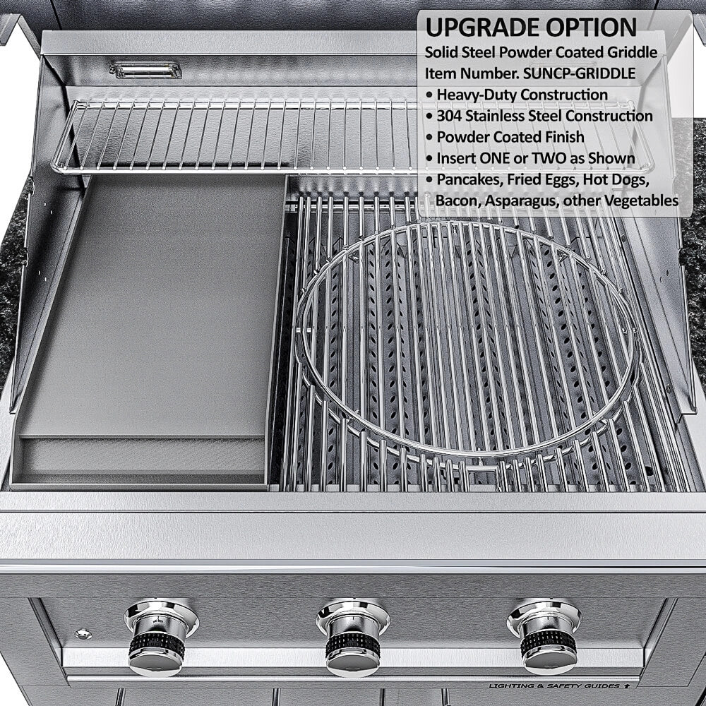 Solid Steel Powder Coated Griddle insert (SUNCP-GRIDDLE) for Sunstone Ruby grills, ideal for cooking pancakes, eggs, and vegetables outdoors.