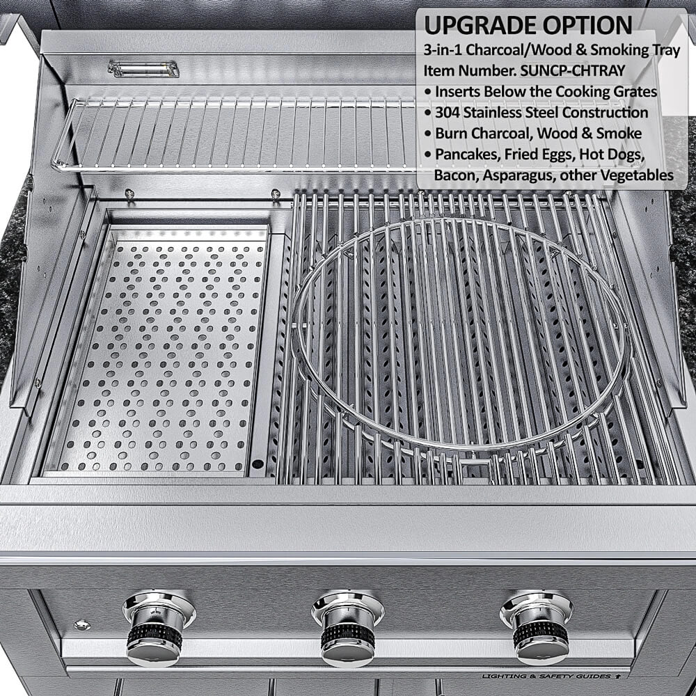 3-in-1 Charcoal, Wood, and Smoking Tray (SUNCP-CHTRAY) accessory that inserts below the cooking grates of a Sunstone gas grill.