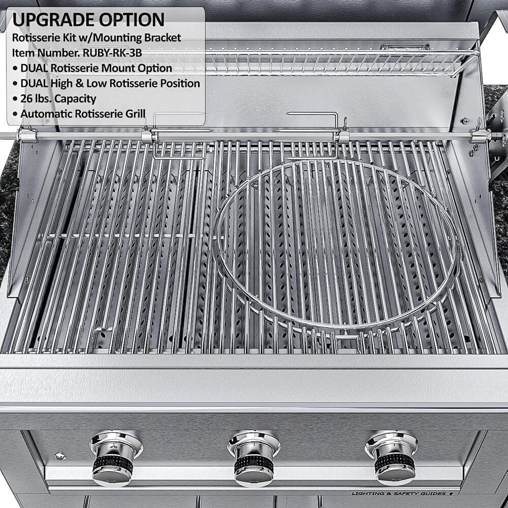 Automatic Rotisserie Kit (RUBY-RK-3B) with dual mounting brackets and 26 lb. capacity installed on a Sunstone Ruby Series grill.