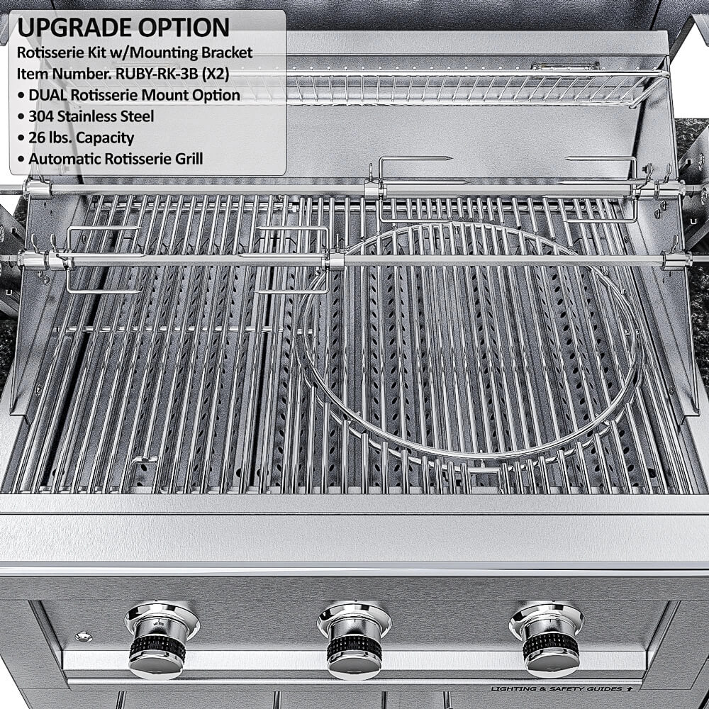 Dual Rotisserie Mount configuration showing two spit rods for simultaneous rotisserie cooking on a large 304 stainless steel outdoor grill.