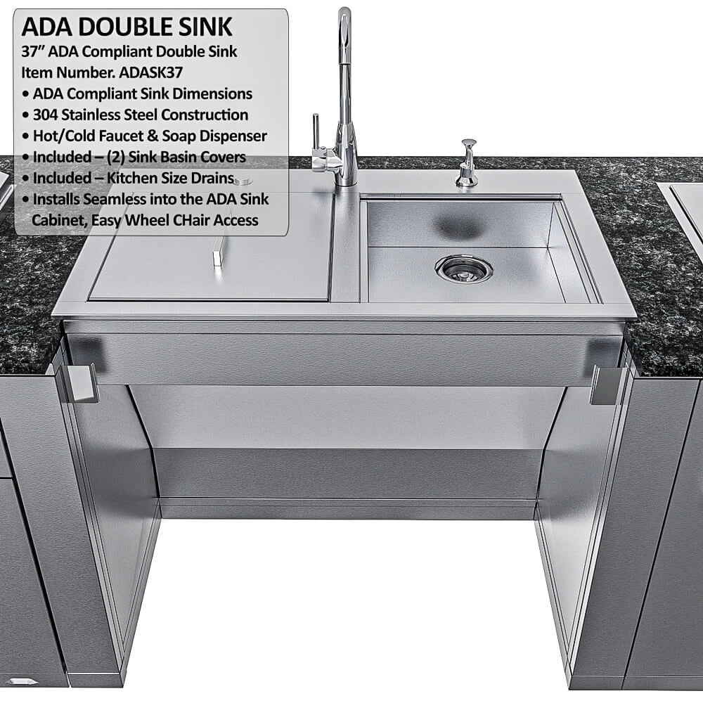 37-inch ADA Compliant Double Sink (ADASK37) with wheelchair access, 304 stainless steel construction, dual basin covers, and included soap dispenser.