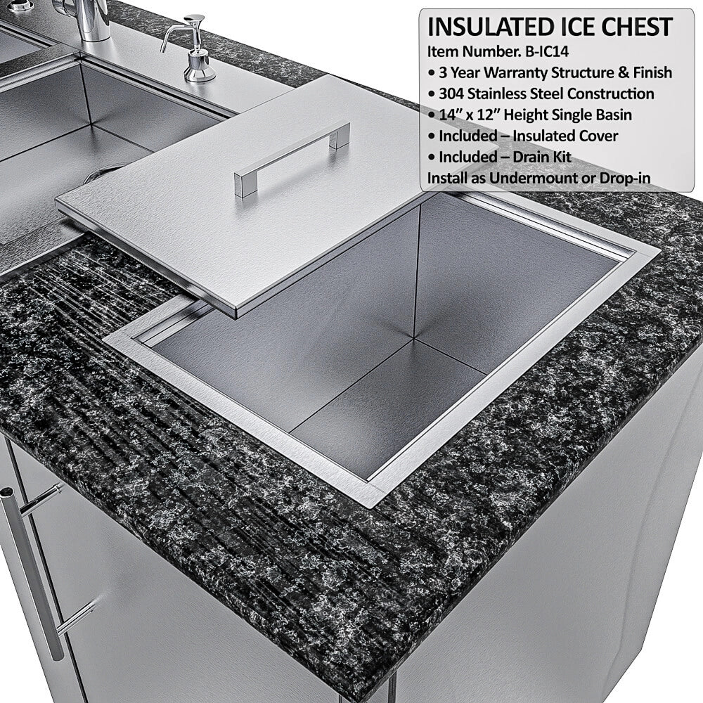 Insulated Stainless Steel Ice Chest (B-IC14) with 14-inch basin and insulated cover, installed as an undermount feature in a granite outdoor countertop.