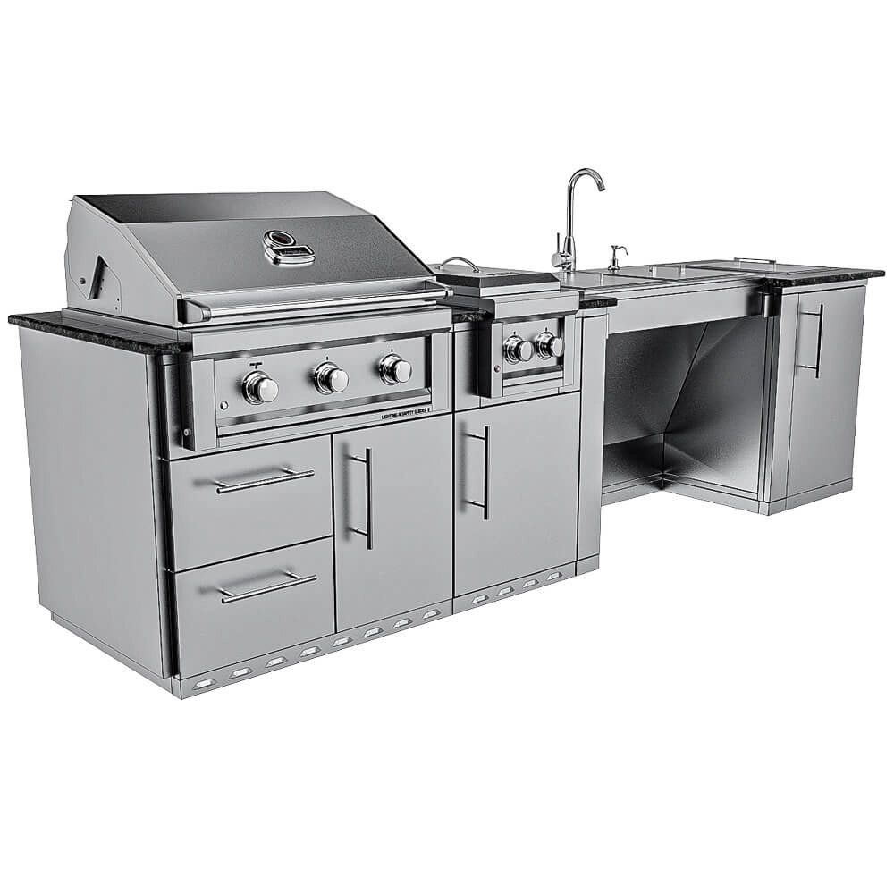 Isometric view of the Sunstone SCPSUMMIT10 Outdoor Kitchen Island highlighting the combination of storage drawers, gas tank cabinet, and accessible sink workspace.