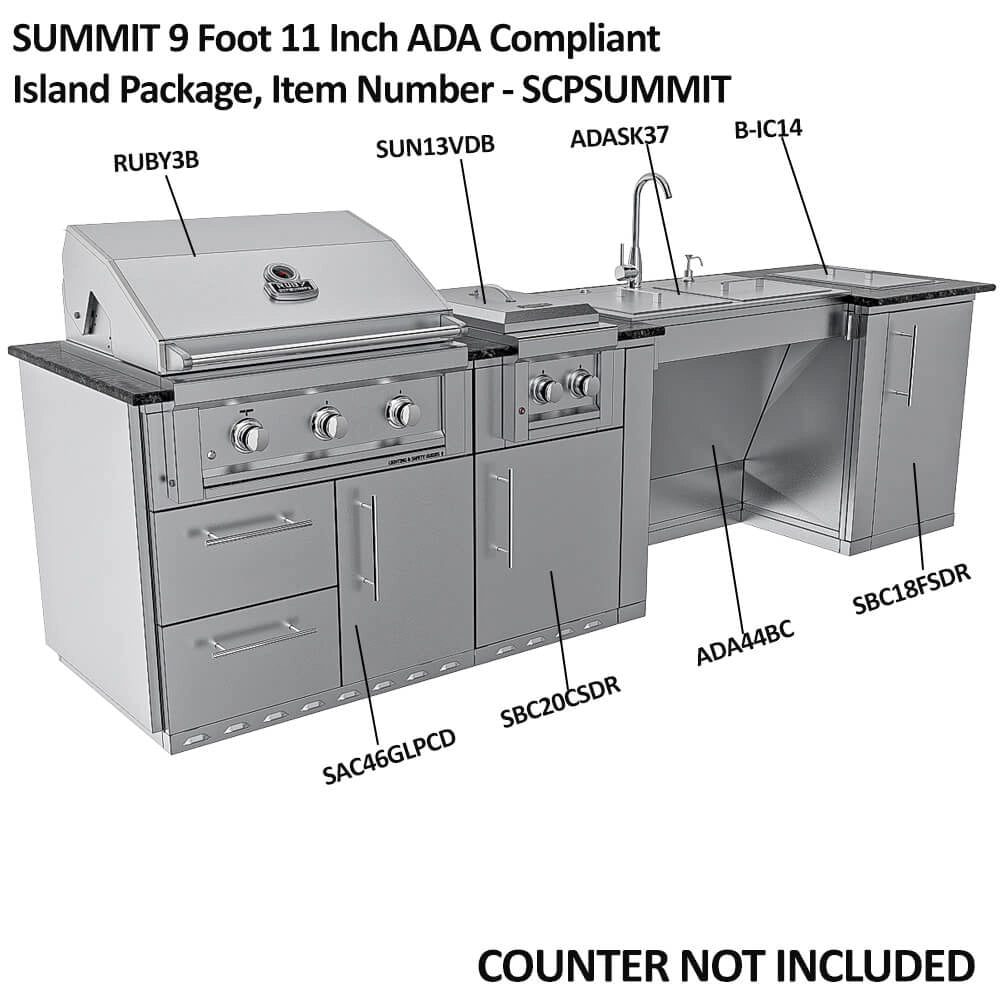 Labeled product diagram of the Sunstone Summit Island Package identifying components like the RUBY3B grill, SUN13VDB side burner, and ADA44BC sink base.