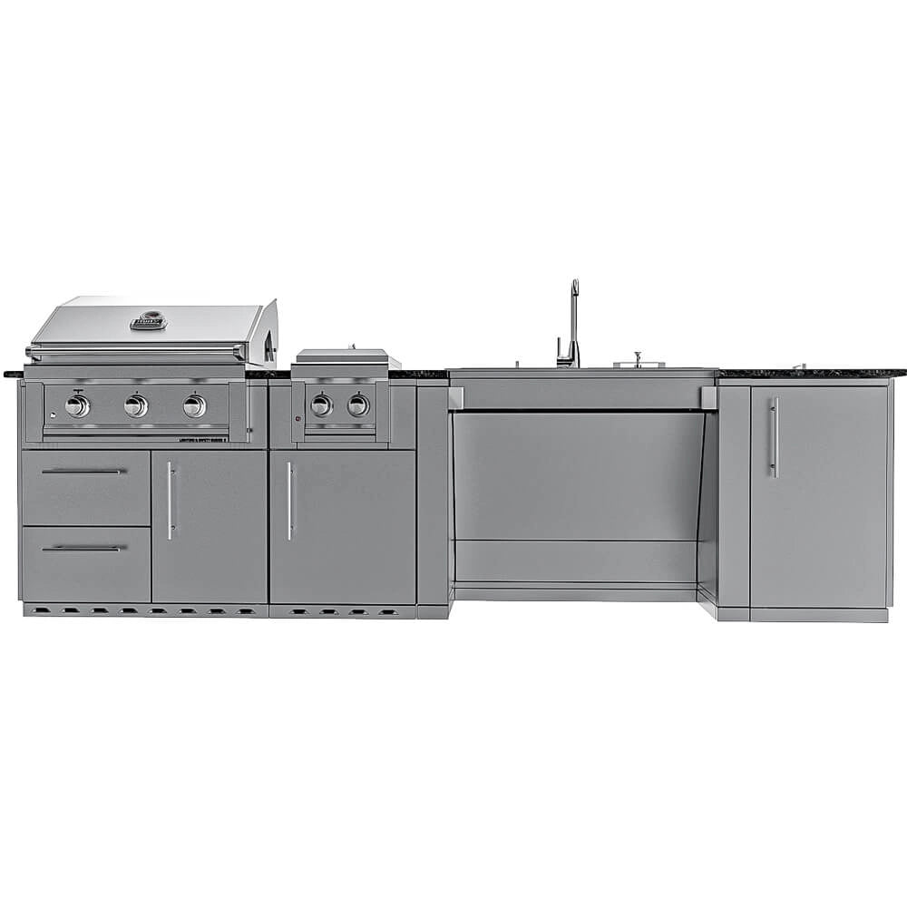 Straight-on elevation view of the SCPSUMMIT10 model with all appliance lids closed, showcasing the sleek, professional profile of the Sunstone stainless steel cabinetry.