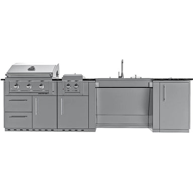 Straight-on elevation view of the SCPSUMMIT10 model with all appliance lids closed, showcasing the sleek, professional profile of the Sunstone stainless steel cabinetry.