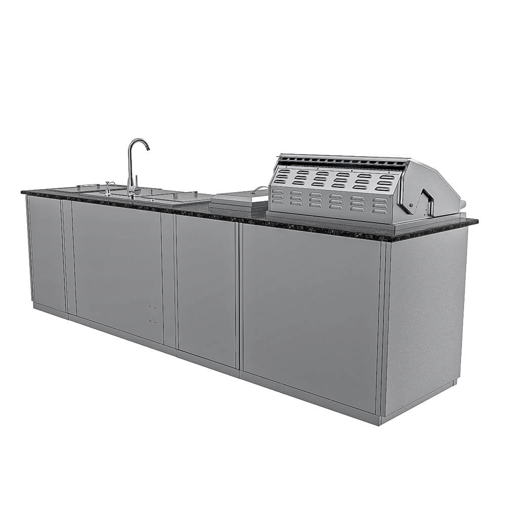 Rear view of the Sunstone Summit ADA Outdoor Kitchen Island showing the finished stainless steel back panels and the vented grill hood for safe heat dissipation.