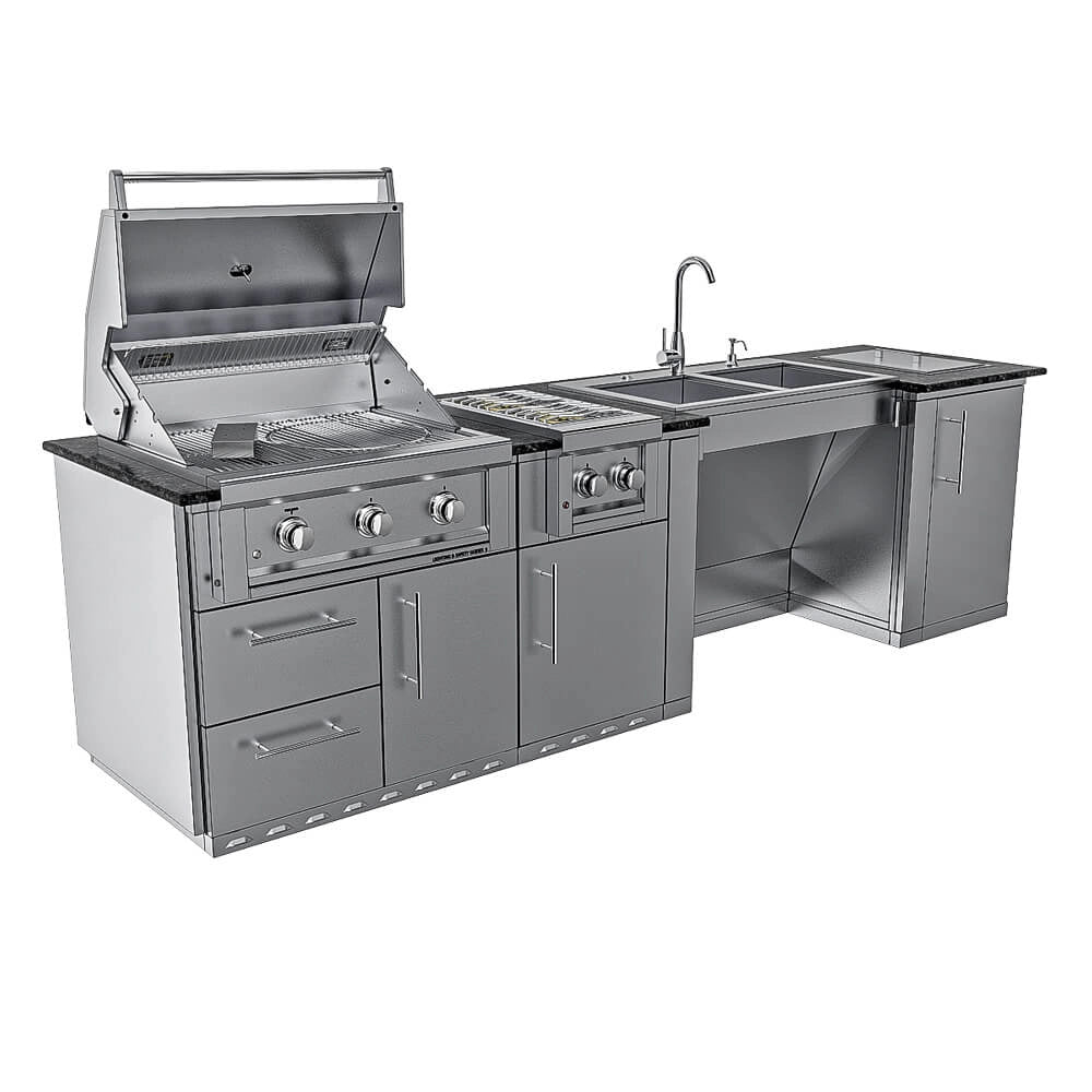 Wide-angle front perspective of the Sunstone Summit Outdoor Kitchen with grill lid open and side burner covers removed, highlighting the 304 stainless steel construction.