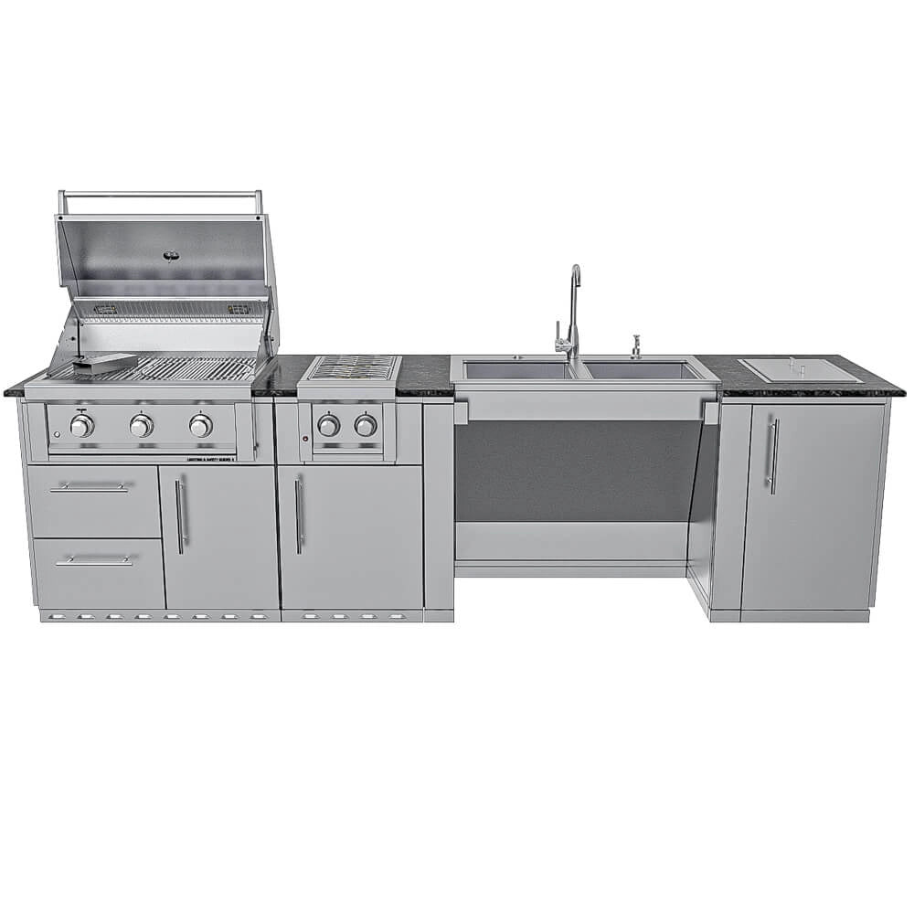 Direct front-facing view of the Sunstone SCPSUMMIT10 island, showcasing the linear arrangement of the 3-burner grill, double side burner, and ADA-compliant sink workstation.