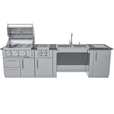 Direct front-facing view of the Sunstone SCPSUMMIT10 island, showcasing the linear arrangement of the 3-burner grill, double side burner, and ADA-compliant sink workstation.