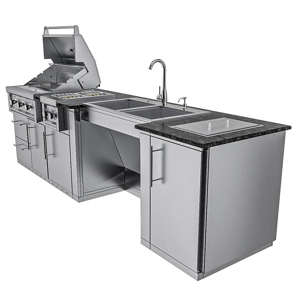 Right-side perspective of the ADA-compliant Sunstone island featuring a dual-basin stainless steel sink with a high-arch faucet and a specialized wheelchair-accessible under-counter area.