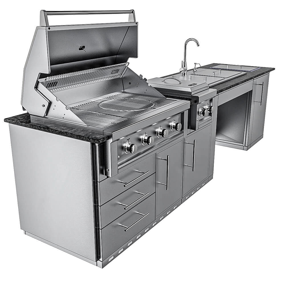 Left-side perspective of the 10-foot Sunstone Summit ADA Outdoor Kitchen showing the Ruby grill with its hood open, highlighting the spacious stainless steel storage drawers and cabinets.