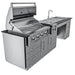 Left-side perspective of the 10-foot Sunstone Summit ADA Outdoor Kitchen showing the Ruby grill with its hood open, highlighting the spacious stainless steel storage drawers and cabinets.