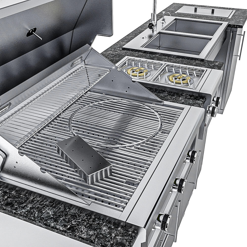 Close-up high-angle view of the Sunstone Ruby 3-Burner Grill interior featuring heavy-duty stainless steel grates, a circular searing station, and a built-in smoker box.