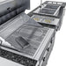 Close-up high-angle view of the Sunstone Ruby 3-Burner Grill interior featuring heavy-duty stainless steel grates, a circular searing station, and a built-in smoker box.