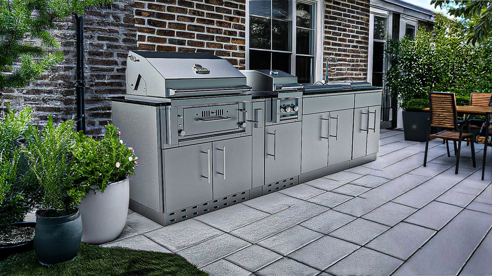 Sunstone Alamo Hybrid Grill Island 10 ft full front view with hybrid grill, side griller, ice chest, sink, and cabinets