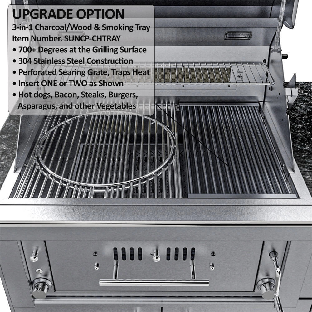 Sunstone 3-in-1 charcoal, wood, and smoking tray upgrade with a perforated searing grate capable of reaching 700 degrees.