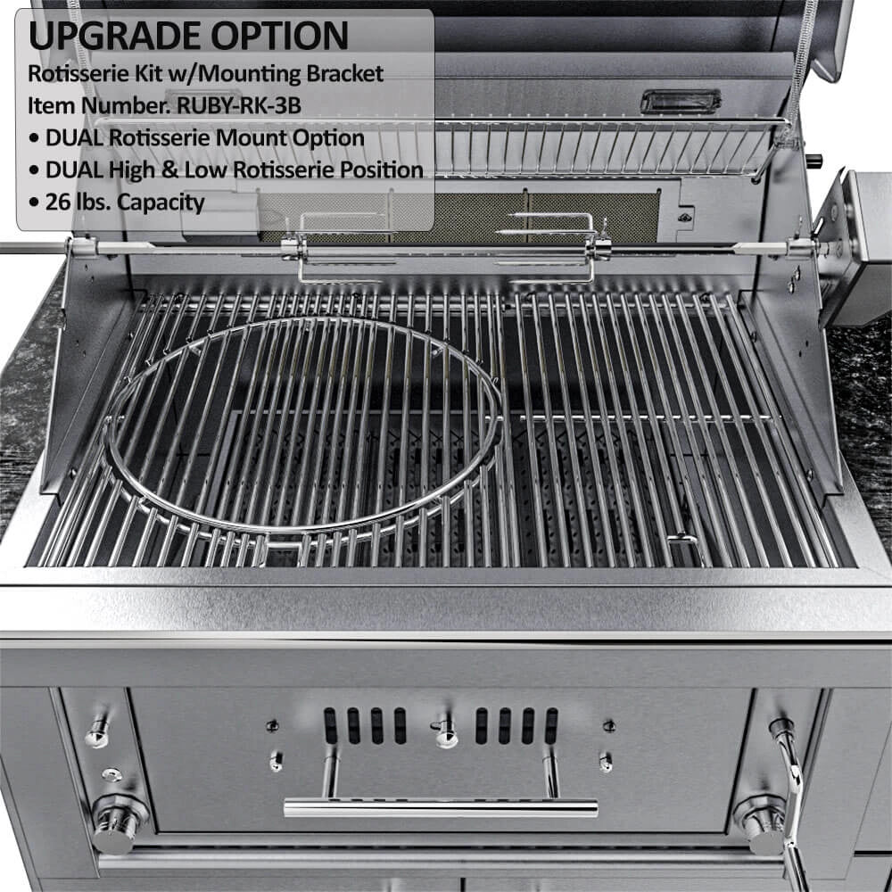 Single rotisserie kit for Sunstone hybrid grill with dual mounting brackets and 26 lb weight capacity for outdoor roasting.