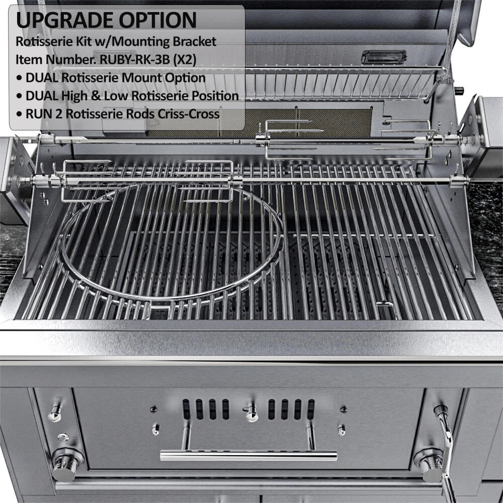 Sunstone dual rotisserie kit setup showing two criss-cross rotisserie rods with high and low mounting positions for versatile grilling.