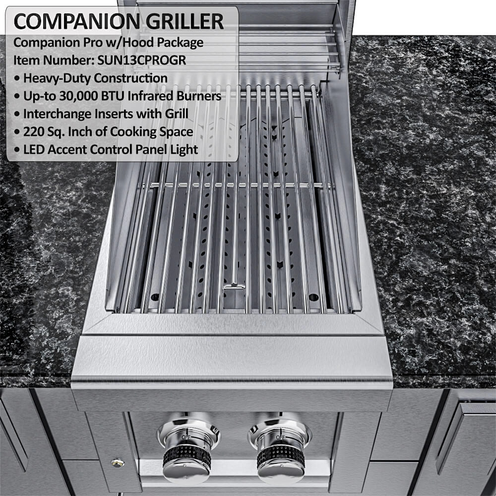 Sunstone Companion Pro side griller with 30,000 BTU infrared burners and LED accent control panel lights for outdoor kitchens.