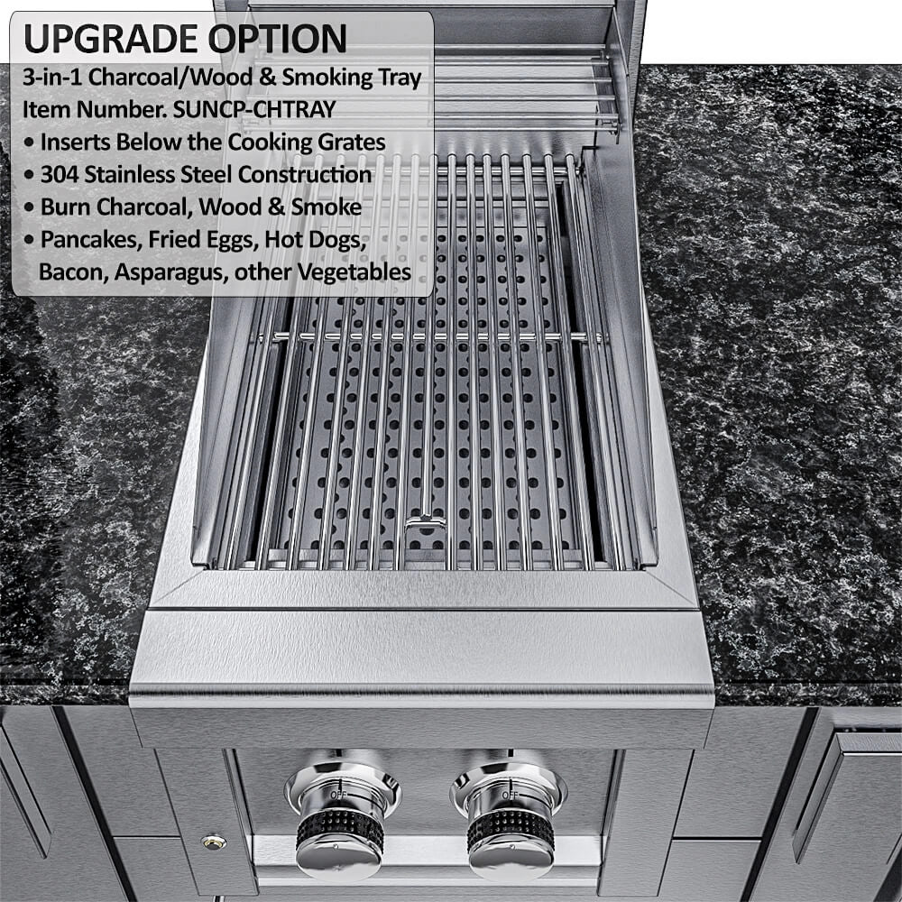 Sunstone 3-in-1 charcoal and wood smoking tray insert installed below the cooking grates of an outdoor gas grill.