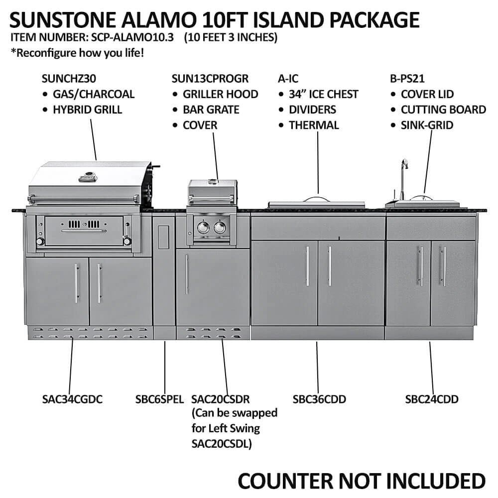 Sunstone Alamo Hybrid Grill Island 10 ft on outdoor patio with hybrid grill, side griller, sink, and storage cabinets