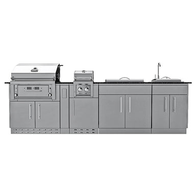 Sunstone Alamo Hybrid Grill Island 10 ft package diagram with hybrid grill, side griller, ice chest, sink, and cabinets