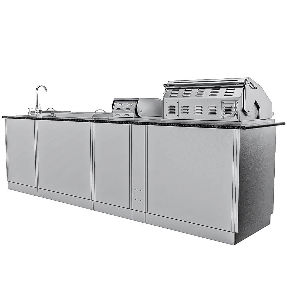 Sunstone Alamo Hybrid Grill Island 10 ft with open hybrid grill, companion side griller, and stainless outdoor kitchen cabinets