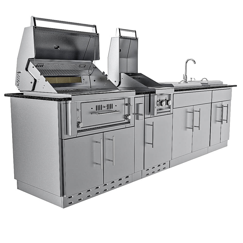 Sunstone Alamo Hybrid Grill Island 10 ft rear view with hybrid grill, side griller, sink, and stainless cabinet configuration