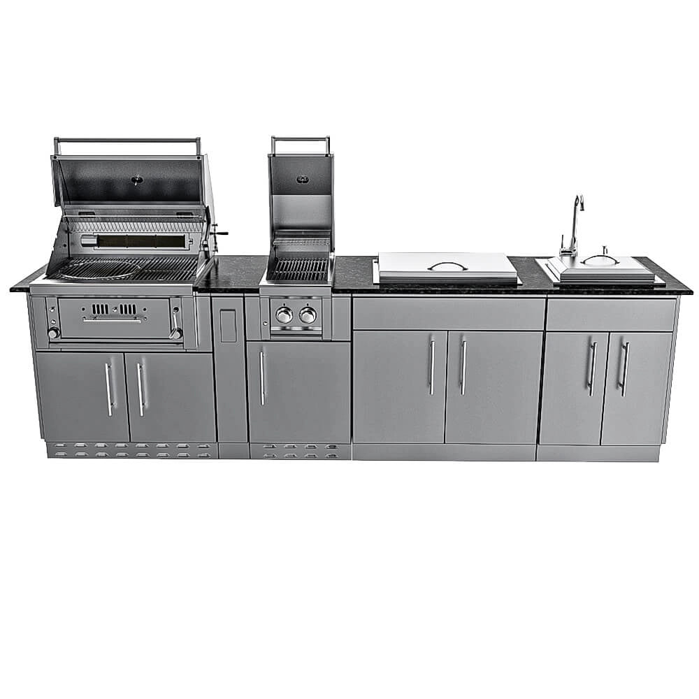 Sunstone Alamo Hybrid Grill Island 10 ft front angle with open grill, side griller, sink, and storage cabinets