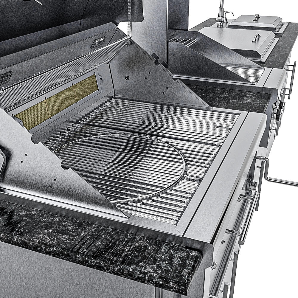 Sunstone Alamo Hybrid Grill Island 10 ft front angle with closed hybrid grill, side griller, sink, and cabinet storage