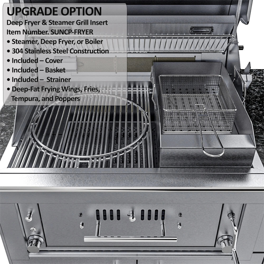 Outdoor kitchen deep fryer and steamer grill insert for Sunstone Alamo island featuring a 304 stainless steel basket and strainer.