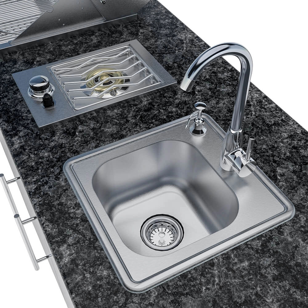 Close-up of Sunstone SCPBAYOU8.6 Bayou Outdoor Kitchen Island 8'6" sink and drop-in side burner on dark granite countertop.