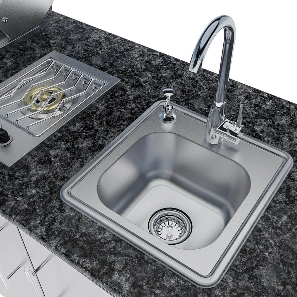 Sunstone SCPBAYOU8.6 Bayou Outdoor Kitchen Island 8'6" sink and faucet detail on dark granite countertop with nearby drop-in burner.
