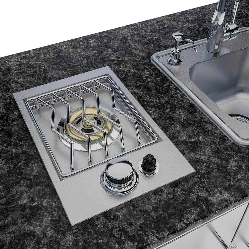 Sunstone SCPBAYOU8.6 Bayou Outdoor Kitchen Island 8'6" side burner and sink countertop detail showing stainless burner grate and adjacent basin.