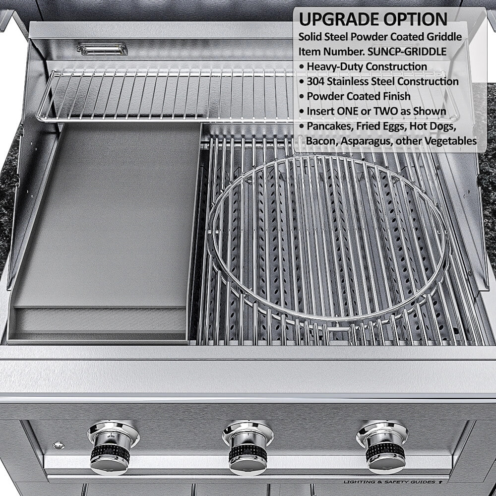 Sunstone SCPBAYOU8.6 Bayou Outdoor Kitchen Island 8'6" grill griddle insert upgrade option shown beside main cooking grates.