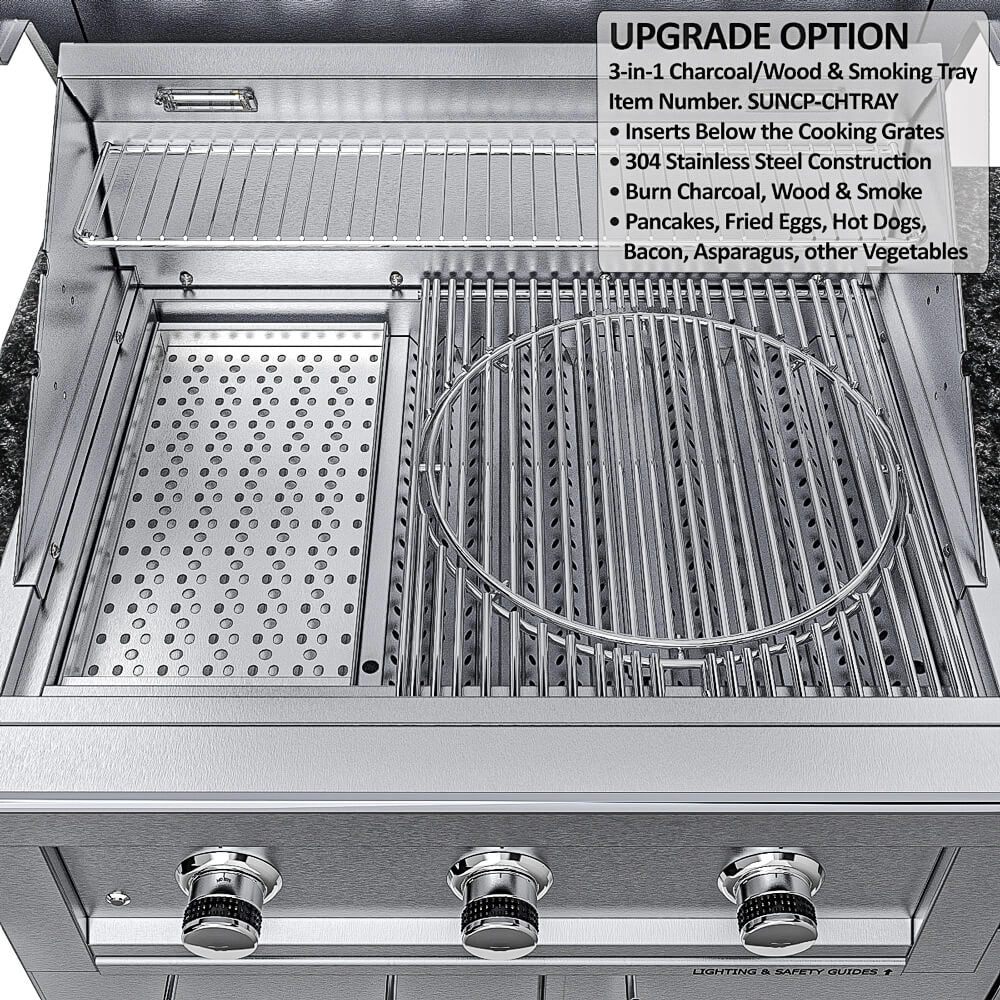 Sunstone SCPBAYOU8.6 Bayou Outdoor Kitchen Island 8'6" charcoal/wood smoking tray upgrade option installed under grill cooking grates.