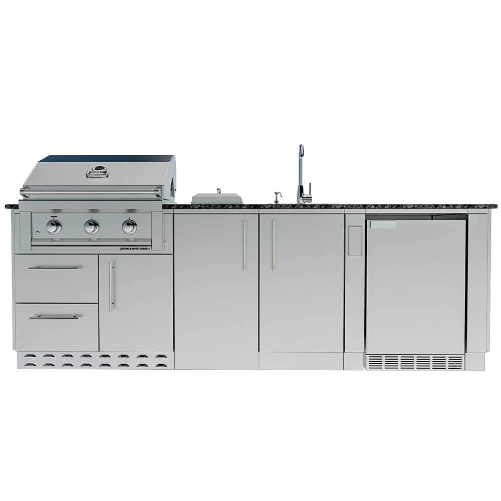 Sunstone SCPBAYOU8.6 Bayou Outdoor Kitchen Island 8'6" straight-on view with grill, storage cabinets, undercounter fridge and sink.