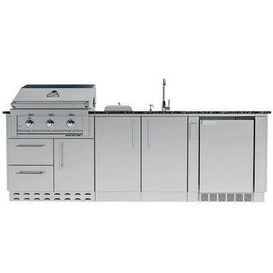 Sunstone SCPBAYOU8.6 Bayou Outdoor Kitchen Island 8'6" straight-on view with grill, storage cabinets, undercounter fridge and sink.