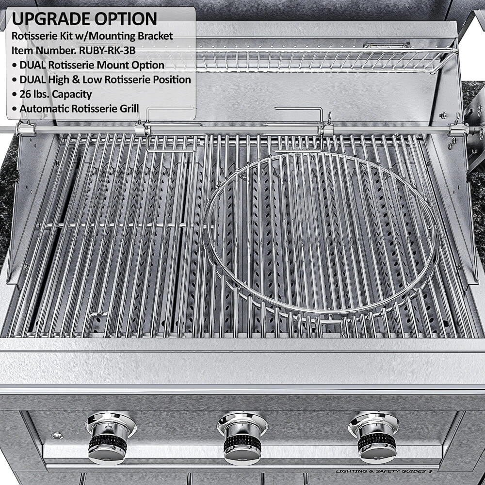 Sunstone SCPBAYOU8.6 Bayou Outdoor Kitchen Island 8'6" grill interior with rotisserie kit upgrade option and stainless cooking grates.